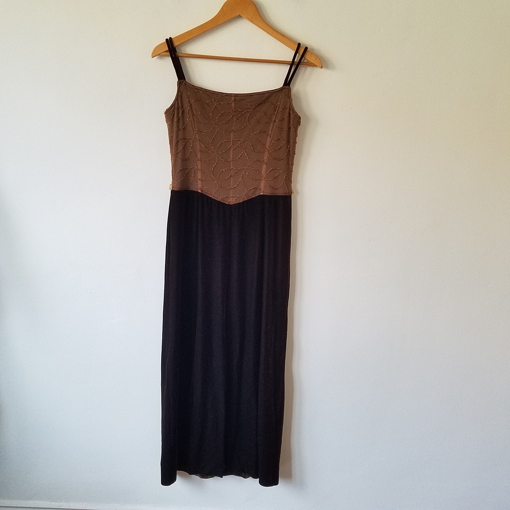 Vtg Y2K Velvet Mesh Square Neck Grunge Whimsigoth Midi Brown Dress - Picture 3 of 16